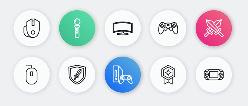 Set line Game console with joystick, Sword for game, Computer mouse, rating medal, controller, monitor, Portable video and icon. Vector