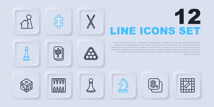Set line Bingo, Board game, Mahjong pieces, Chess, Backgammon board, Puzzle toy and pawn icon. Vector