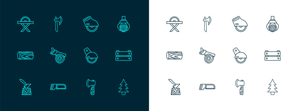Set line Grapple crane grabbed a log, Hacksaw, Electric circular, Wooden axe, Hand and, and icon. Vector