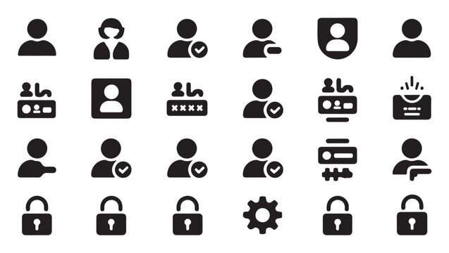 User account management and login security glyph icons collection for mobile interface app.