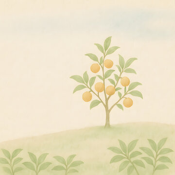 Watercolor illustration of a small mandarin orange tree on a gentle green hill under a soft spring sky. generated by AI.