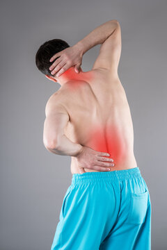 Lumbar and cervical spine hernia, man with back pain, compression injury of the intervertebral disc