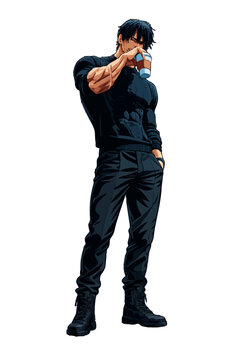 Strong young man drinking hot drink full body manga illustration