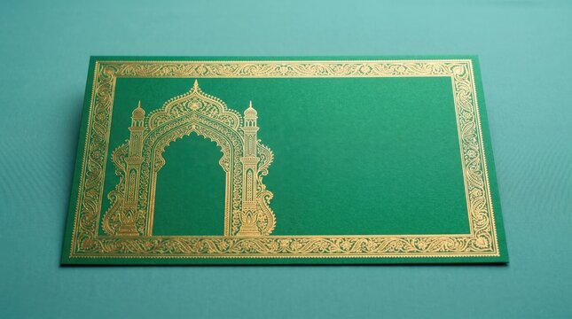 Elegant emerald green greeting card with ornate gold foil Islamic arch and intricate floral borders for Ramadan Kareem Eid Al-Fitr or luxury Muslim wedding invitation background layout asset