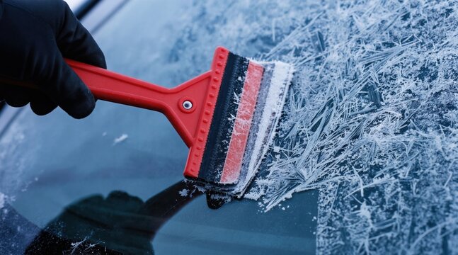 Hand in glove scrapes frost from car windshield. Winter car care involves clearing ice off glass for safe driving view. Chilly weather preparation for vehicles.