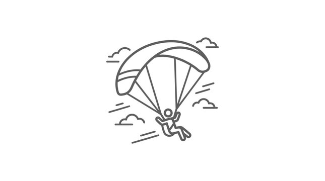 Paraglider descending through clouds in a minimalist line art style.