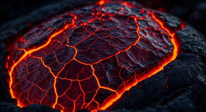 Close-up of molten lava glowing with intense heat and cracking patterns.