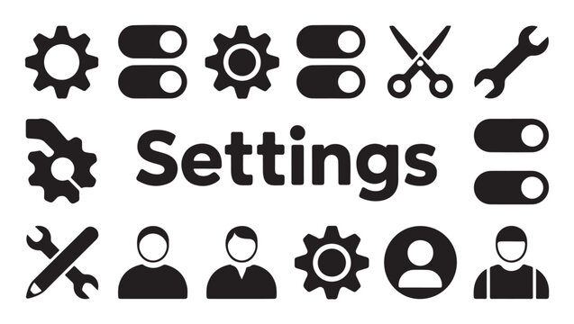Settings icons collection gear toggle switch scissors wrench user interface symbols.