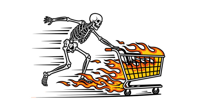 Skeleton Pushing Shopping Cart on Fire.