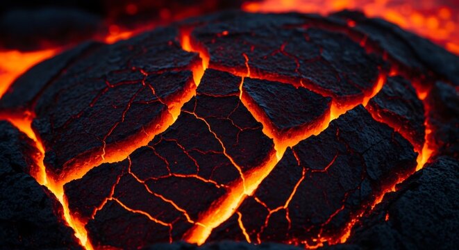 Close-up of cooling lava with glowing cracks revealing intense heat.