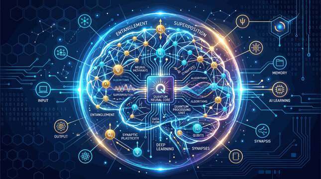 Artificial intelligence brain network with digital connections and data flow.