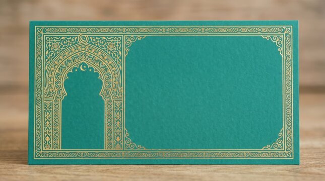 Elegant Teal Green Islamic Greeting Card with Gold Floral Arch and Border Pattern on Wood Background for Ramadan Kareem or Eid Mubarak Invitation Template with Copyspace for Message and Text