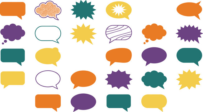 Colorful speech bubble collection vector set featuring comic chat boxes dialogue shapes and communication symbols for social media and messaging designs
