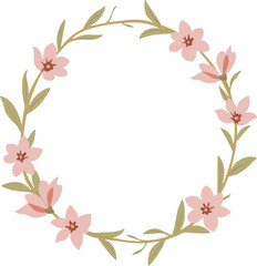 Fototapeta premium Floral wreath with pink flowers and olive-green leaves forming circular frame