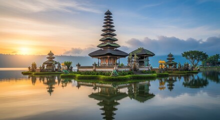 Obraz premium Pura Ulun Danu Bratan Temple on Lake Beratan Bali at Sunrise.