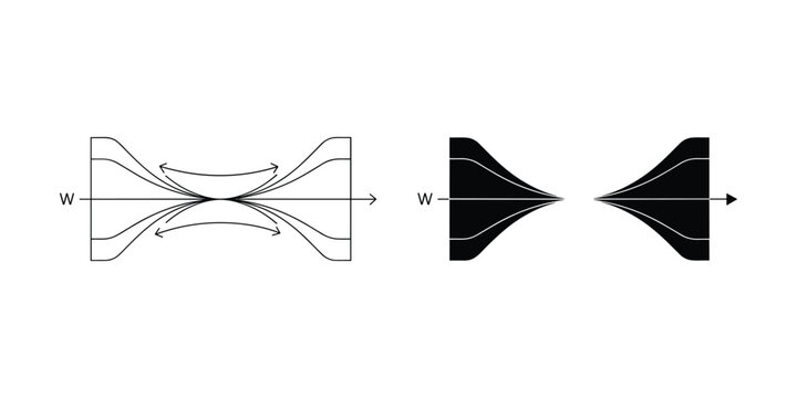 Abstract converging lines with arrows indicating flow and contraction against a white background
