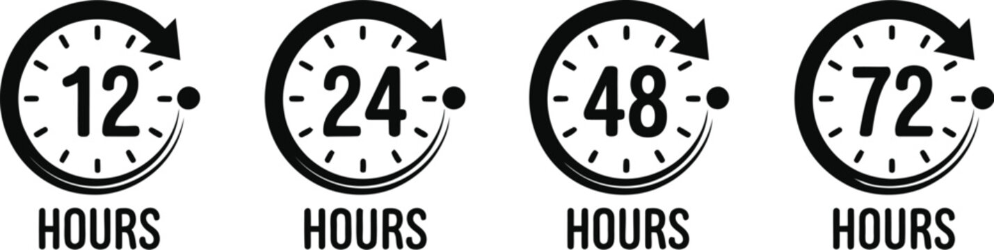 Vector icon set showing turnaround time options including twelve twenty four forty eight and seventy two hours with clock arrows.