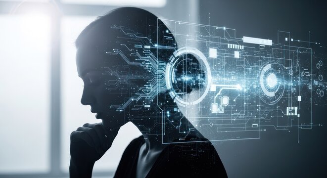 Silhouette of a person with futuristic digital brain interface.