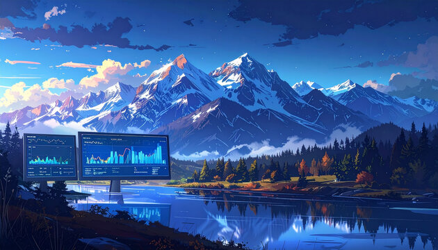 Futuristic monitors displaying financial data by snowy mountains
