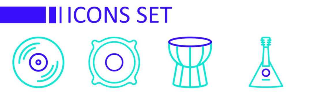 Set line Balalaika, African darbuka drum, Stereo speaker and Vinyl disk icon. Vector