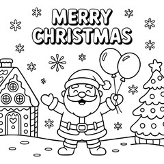Fototapeta premium Festive Christmas Coloring Page Featuring Santa Holding Balloons With Gingerbread House Isolated on a Transparent or White Background