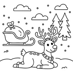 Fototapeta premium Festive Holiday Coloring Book Illustration Featuring Reindeer Santa Sleigh and Trees Isolated on a Transparent or White Background