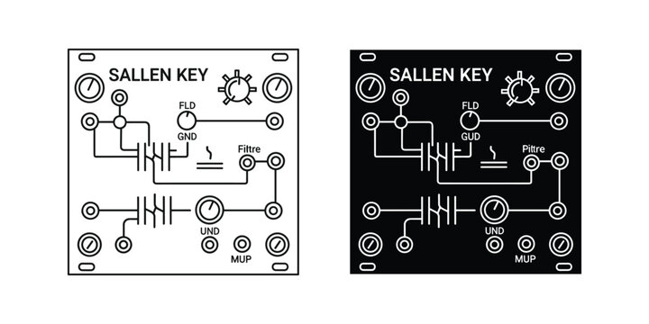 Sallen Key filter circuit diagram in white and black isolation for electronic schematics and education