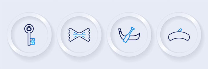 Set line French beret, Gondola boat, Macaroni and Old key icon. Vector © Iryna
