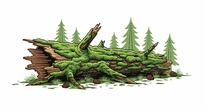 Pixel art illustration of a fallen moss-covered log in a forest with pine trees and pinecones