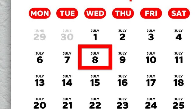 Red cursor highlighting July 8th on a 2026 wall calendar page