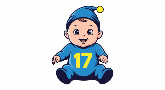 A cheerful baby wearing a blue sleepsuit and cap, with a yellow '17' on the chest