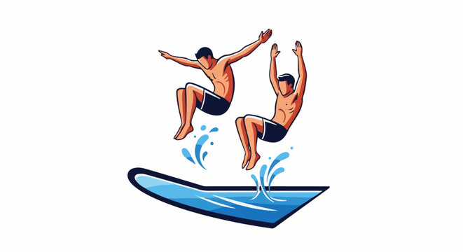 Two men dive into a pool, creating water splashes