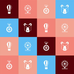 Set pop art Hot air balloon, Ferris wheel, Unicycle and Bear head icon. Vector © Iryna