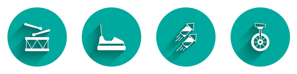 Set Drum with drum sticks, Bumper car, Firework rocket and Unicycle icon with long shadow. Vector © Iryna