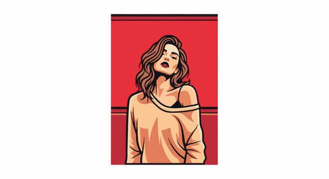 Stylized portrait of a woman with wavy hair and makeup, wearing a light sweater