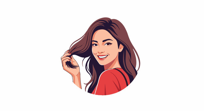 A smiling woman with flowing brown hair, wearing a red top, holding a strand of hair with her manicured fingers