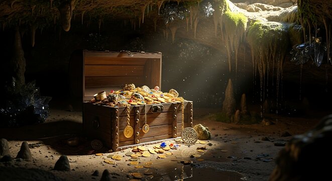 Sunlit cave reveals overflowing treasure chest, coins glinting, scattered gems, rocky formations