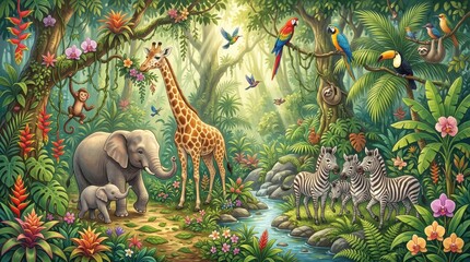 Fototapeta premium Vibrant jungle illustration featuring friendly safari animals like elephants, a giraffe, and zebras by a flowing stream under warm, magical canopy lighting, ideal for nursery decor.