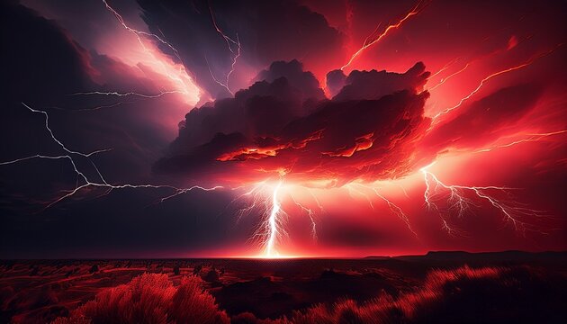 awesome thunderbolt in dark night sky a stunning red sky lightning storm generative ai
