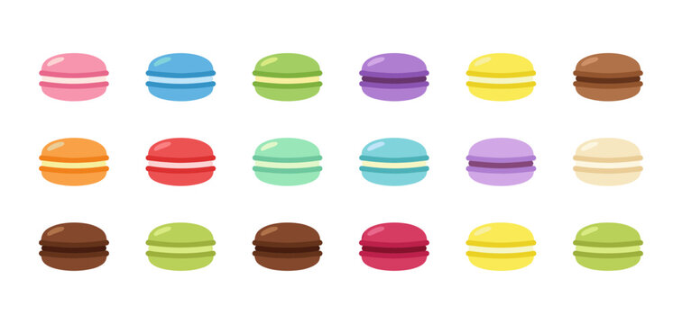 Colorful macaron cookie set. Collection of sweet French dessert icons in various pastel colors, isolated on white background. Flat vector illustration.