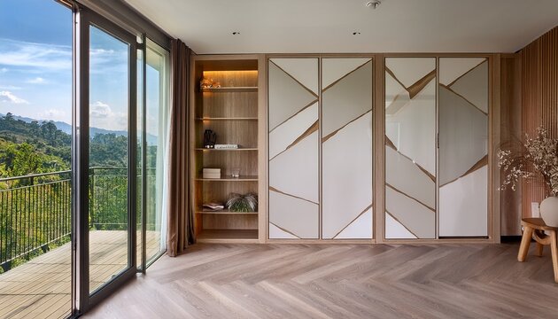 panoramic modern built in wardrobe with sliding marble doors and balcony view for interior design mockup and residential staging background