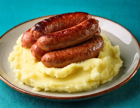 bangers and mash irish sausage on top of a mount of mashed potatoes