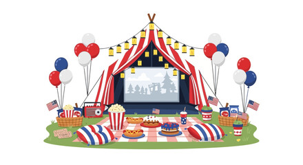 Obraz premium Outdoor Cinema Picnic Celebration with American Flags and Balloons