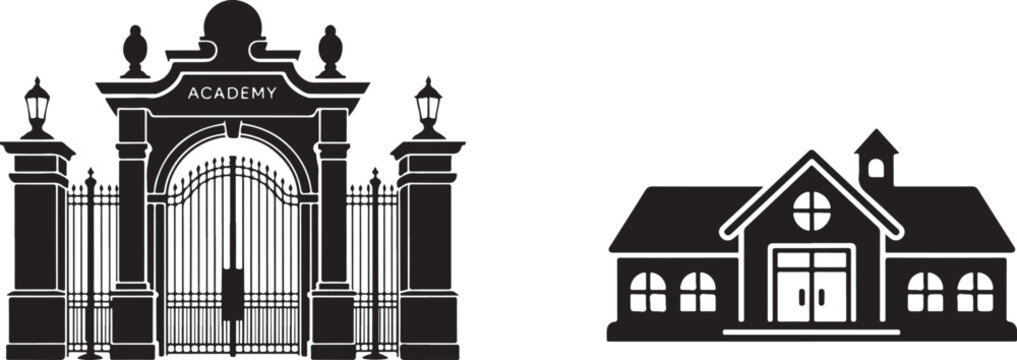 Elegant academy gate with the word ACADEMY above and a simple school building silhouette representing educational institutions