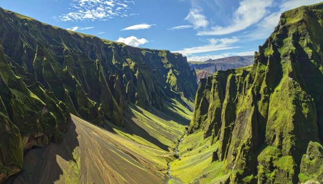 Majestic Fja?r?rglj?fur Canyon Iceland Dramatic Green Cliffs Under Blue Sky.