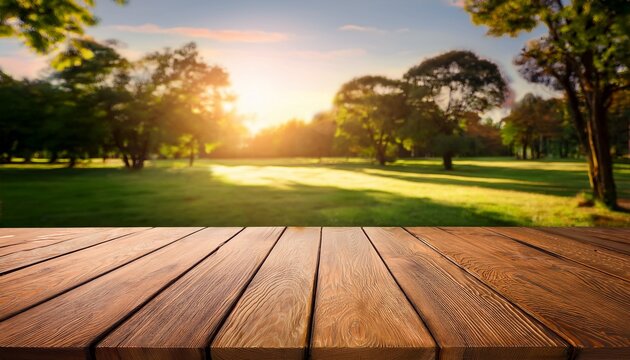 wooden table tops sunlight in park during late afternoon