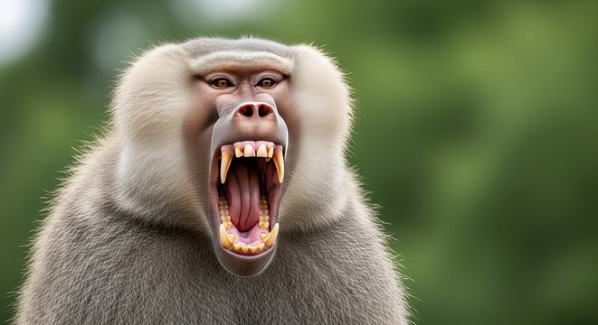 Hamadryas baboon yawning with mouth wide open in nature