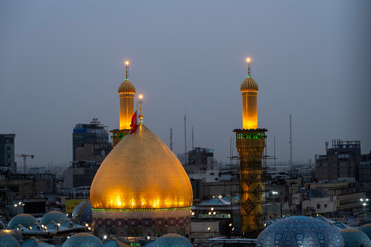 Karbala, Iraq - December 27, 2025: Aerial view of Imam Hussain and Hazrat abbas shrine in Karbala Iraq