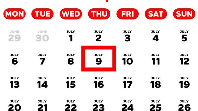 Red cursor highlighting July 9th on a 2026 wall calendar page