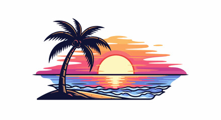 Obraz premium A stylized tropical beach scene features a lone palm tree silhouetted against a vibrant sunset over the ocean